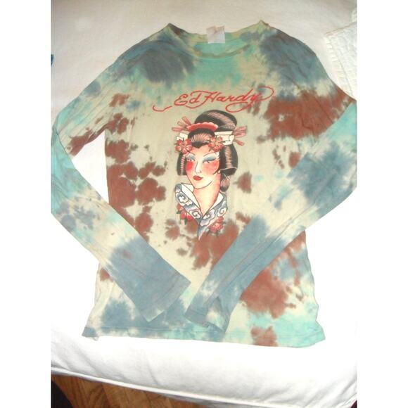 RARE VINTAGE Y2K ED HARDY TIE DYE ASIAN MOTIF LONG SLEEVED LIGHTWEIGHT TEE S - Picture 1 of 11